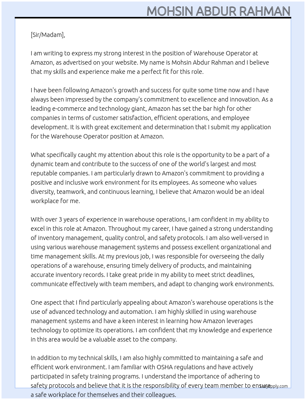 Warehouse operator At Amazon Cover Letter