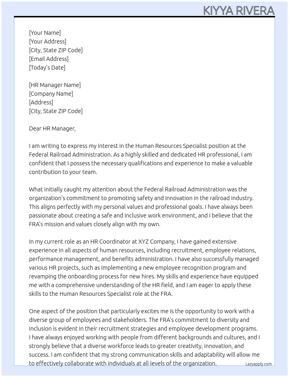 Human Resources Specialist At Federal Railroad Adminstration Cover Letter