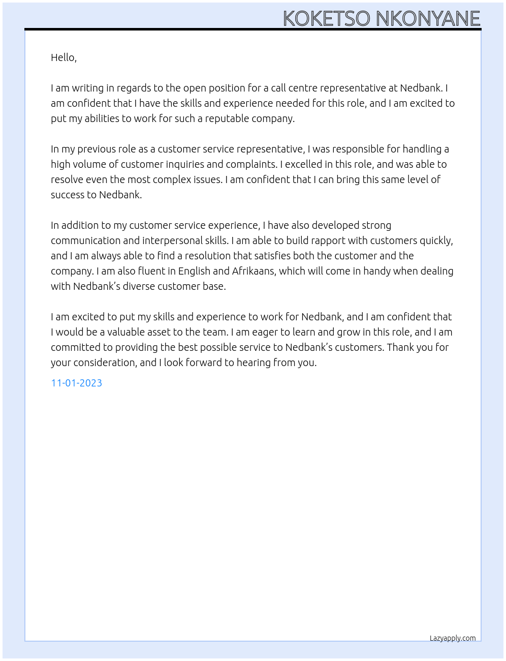 Call Centre At Nedbank Cover Letter