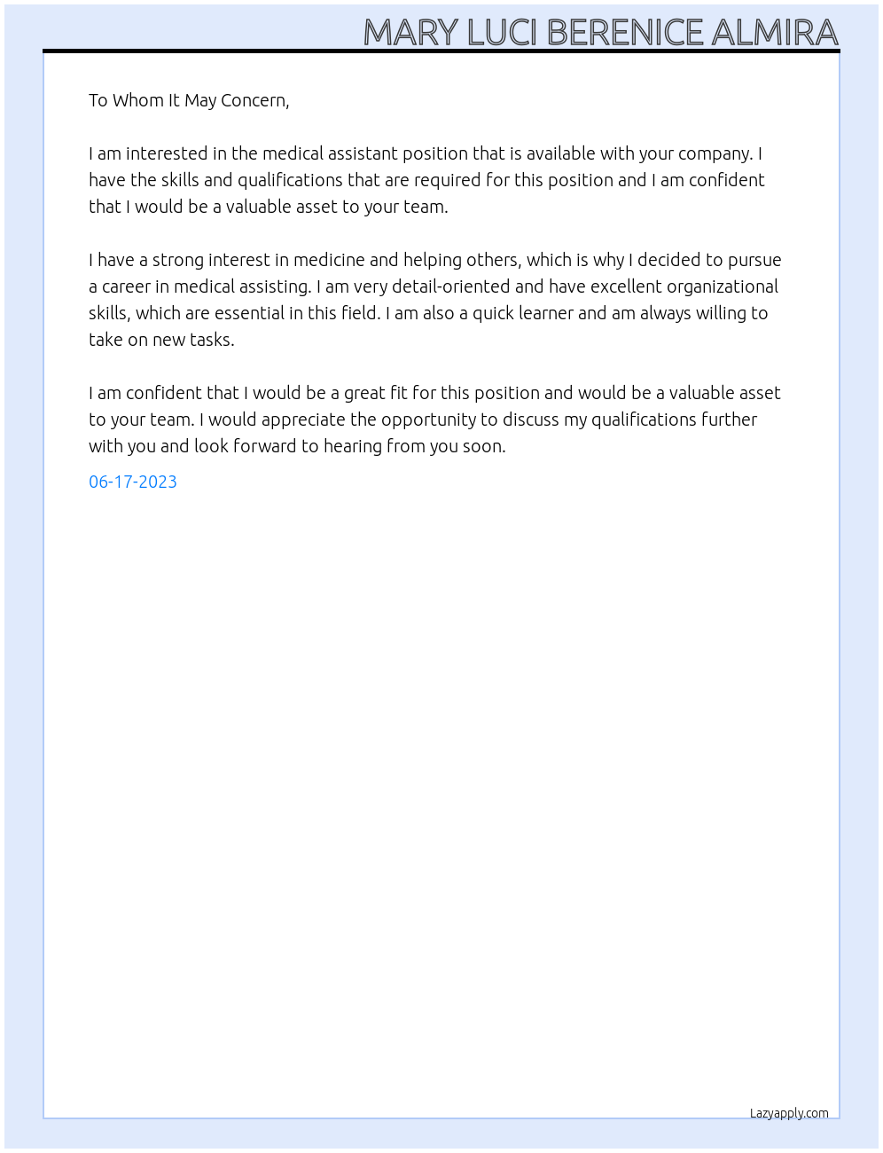 Medical Assitant At Work from Home Medical Position  Cover Letter