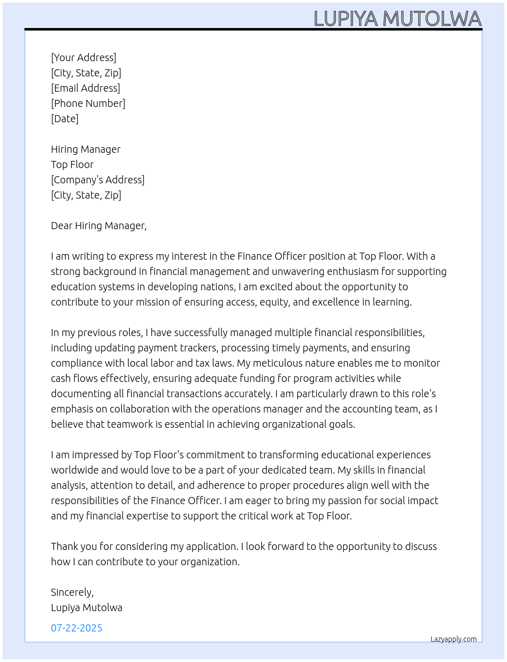 Finance Officer At Top floor Cover Letter