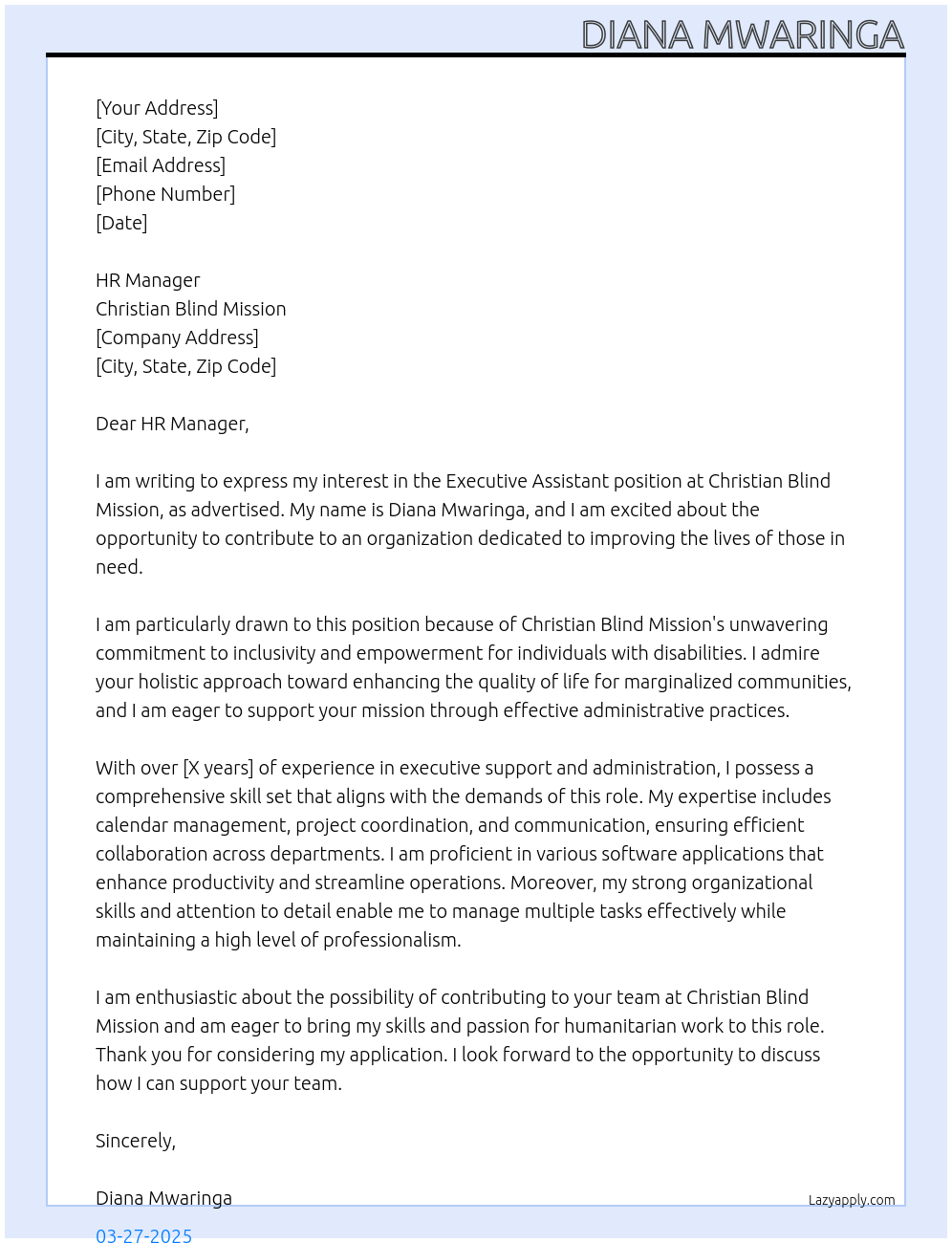 Executive Assistant At Christian Blind Mission Cover Letter