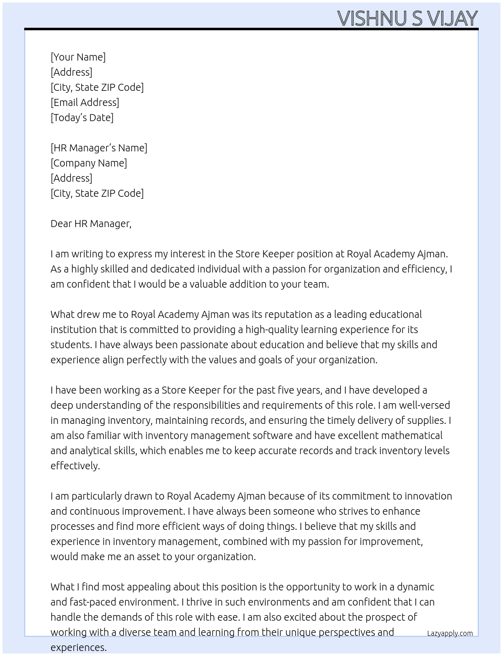 STORE KEEPER At ROYAL ACADEMY AJMAN Cover Letter