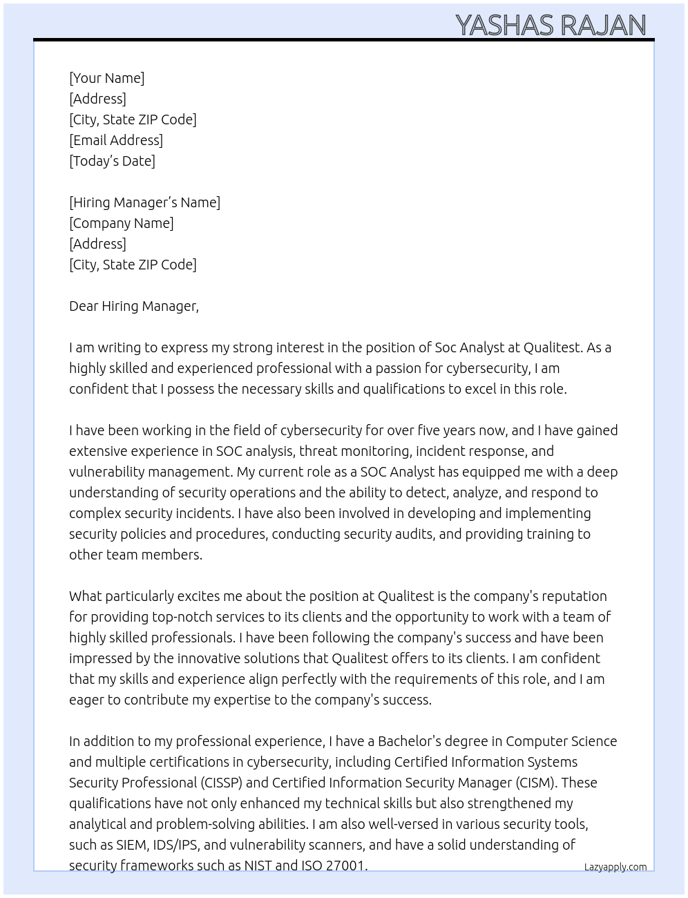 Soc analyst At Qualitest Cover Letter