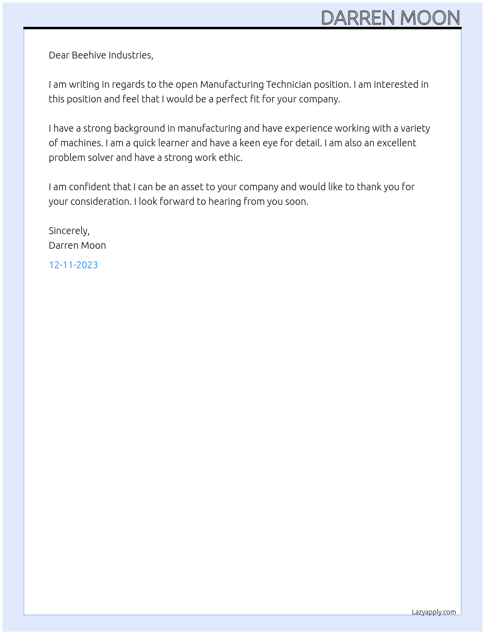Manufacturing Technician At Beehive Industries Cover Letter