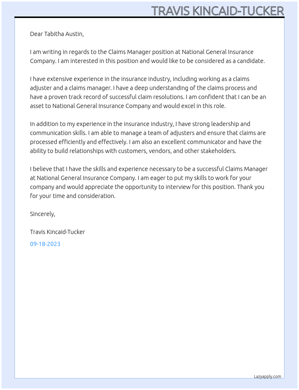 Claims manager At National General Insurance Company Cover Letter