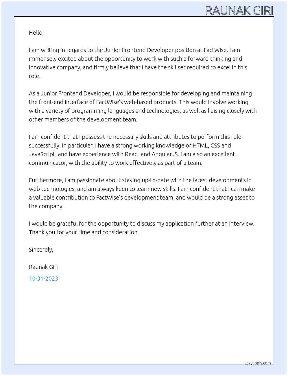 Junior Frontend Developer At FactWise Cover Letter