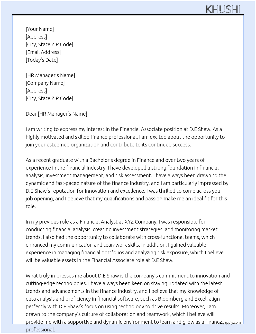 Financial Associate At D.E Shaw Cover Letter