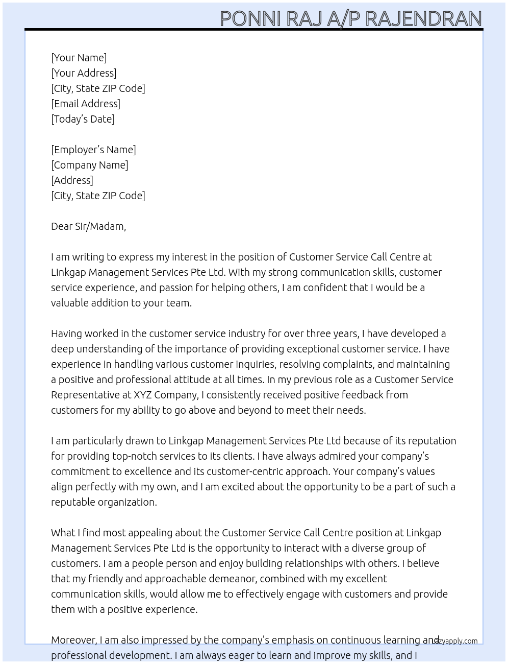 Customer Service call centre  At Linkgap Management Services Pte Ltd Cover Letter