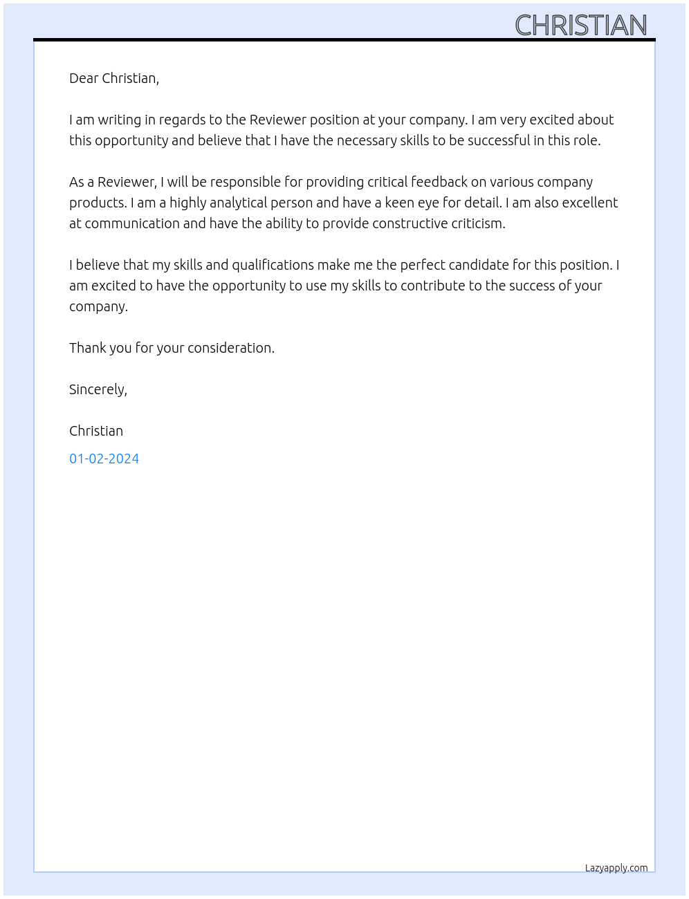 Reviewer At . Cover Letter