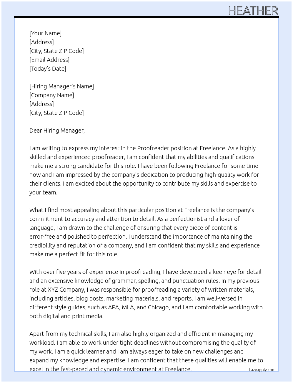 Proof reader At Freelance Cover Letter