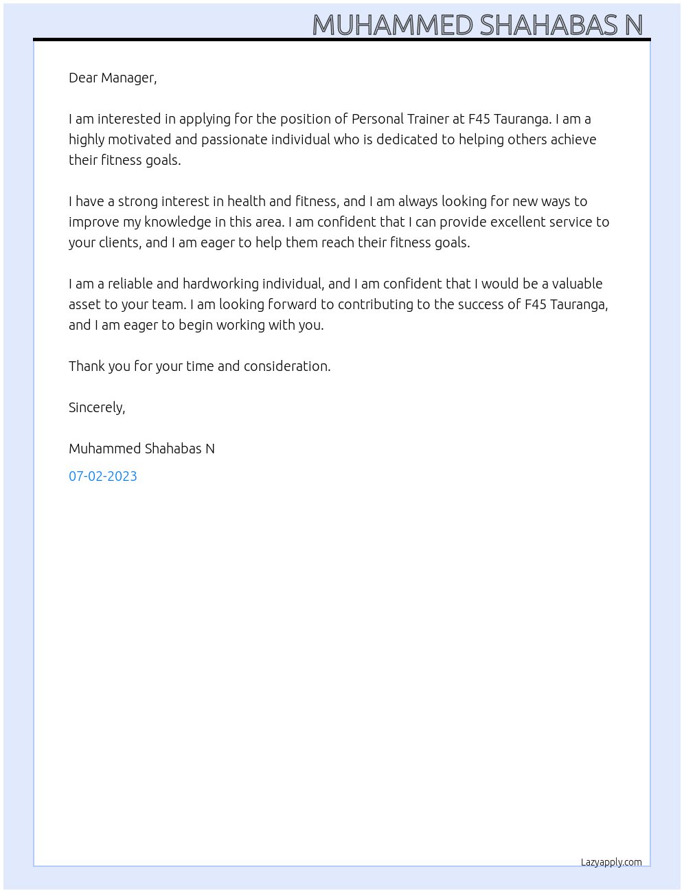 Personal Trainer At F45 Tauranga Cover Letter