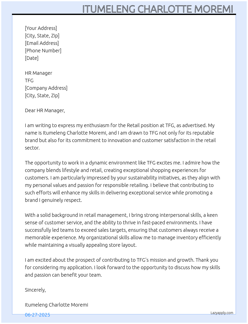 Retail At Tfg Cover Letter