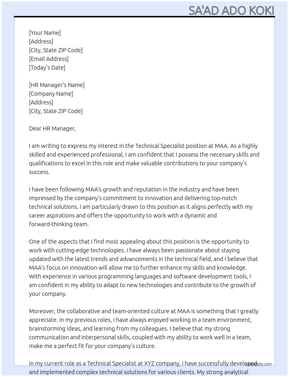 Technical Specialist At MAA Cover Letter