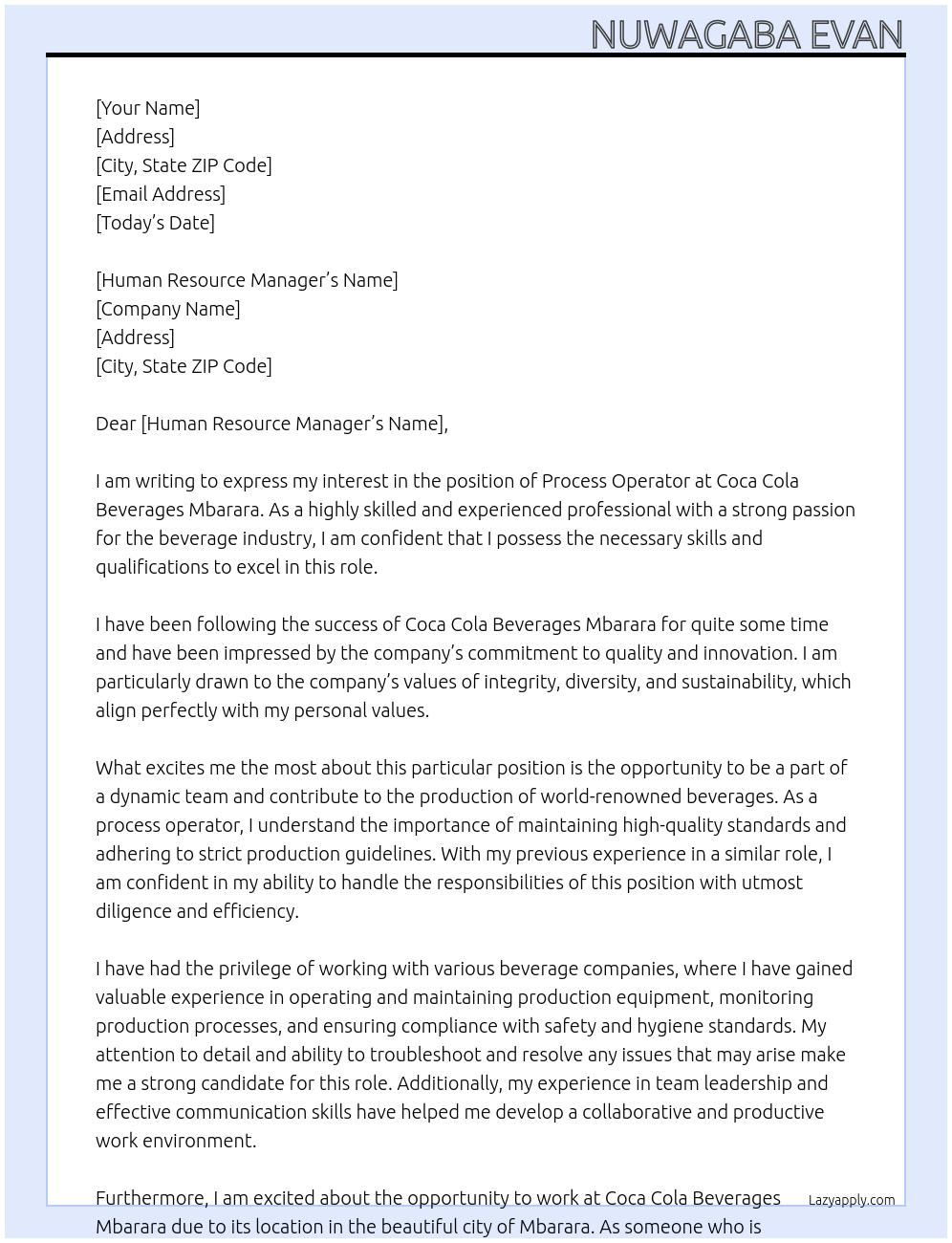 Process Operator At Coca Cola Beverages Mbarara Cover Letter