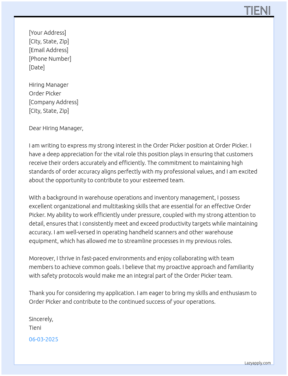 Order Picker At Order picker Cover Letter