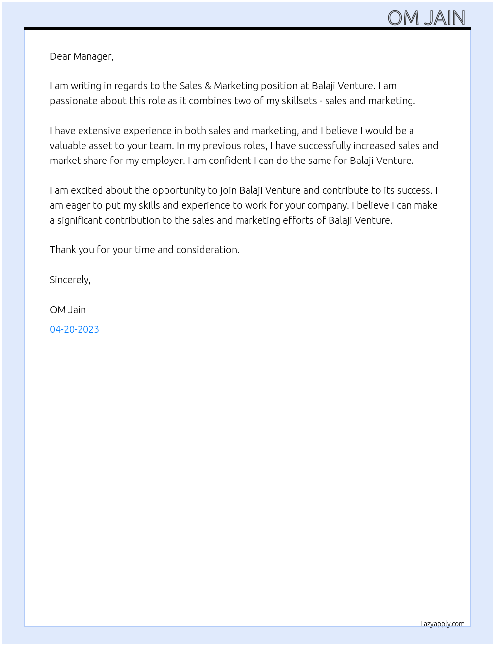 Sales & Marketing At Balaji Venture Cover Letter