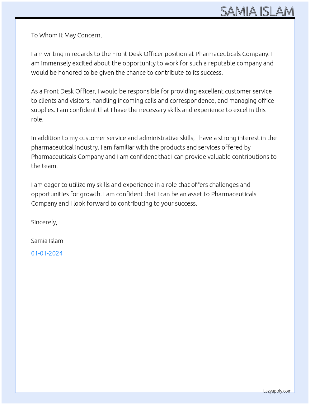 front desk officer At Pharmaceuticals Company Cover Letter