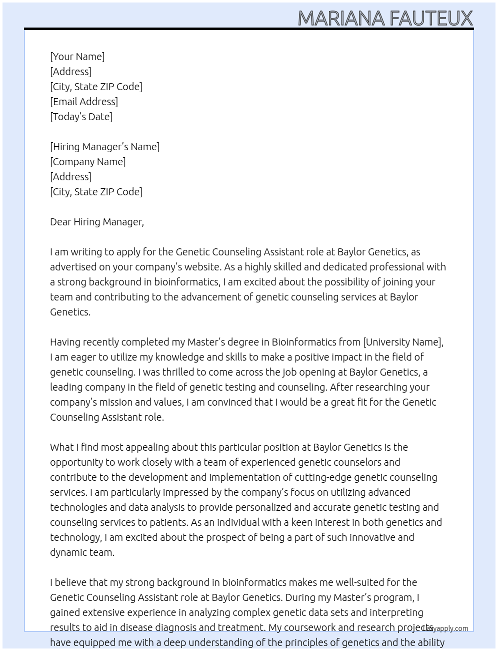 Genetic Counseling At Baylor Genetics Cover Letter