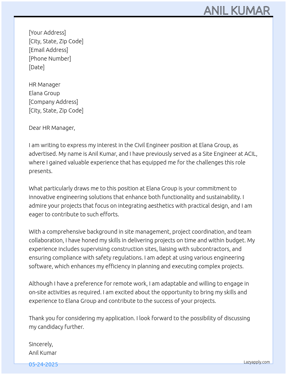 Civil engineer At Elana group Cover Letter