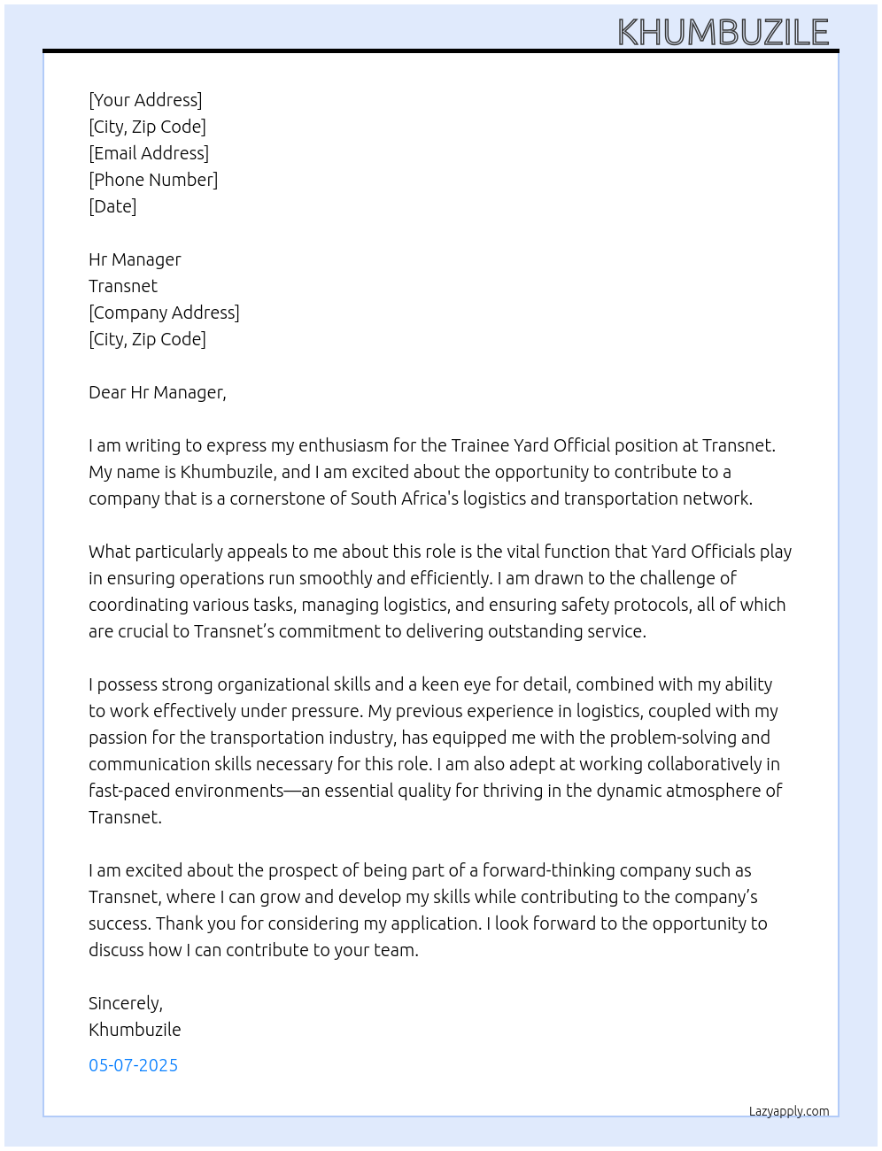 Trainee Yard Official  At Transnet  Cover Letter