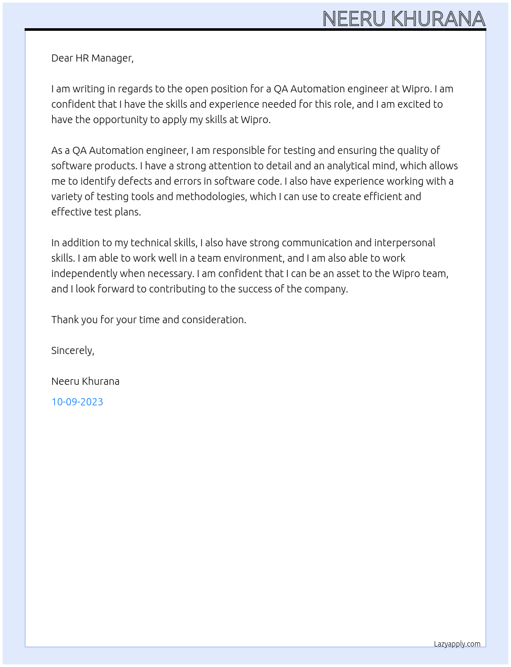 QA Automation engineer At Wipro Cover Letter