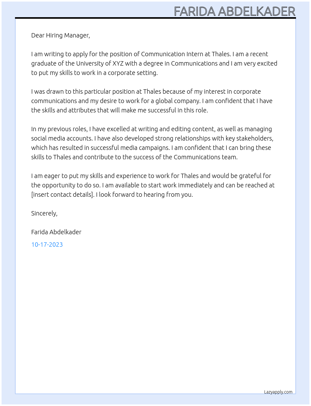 Communication Intern At Thales Cover Letter