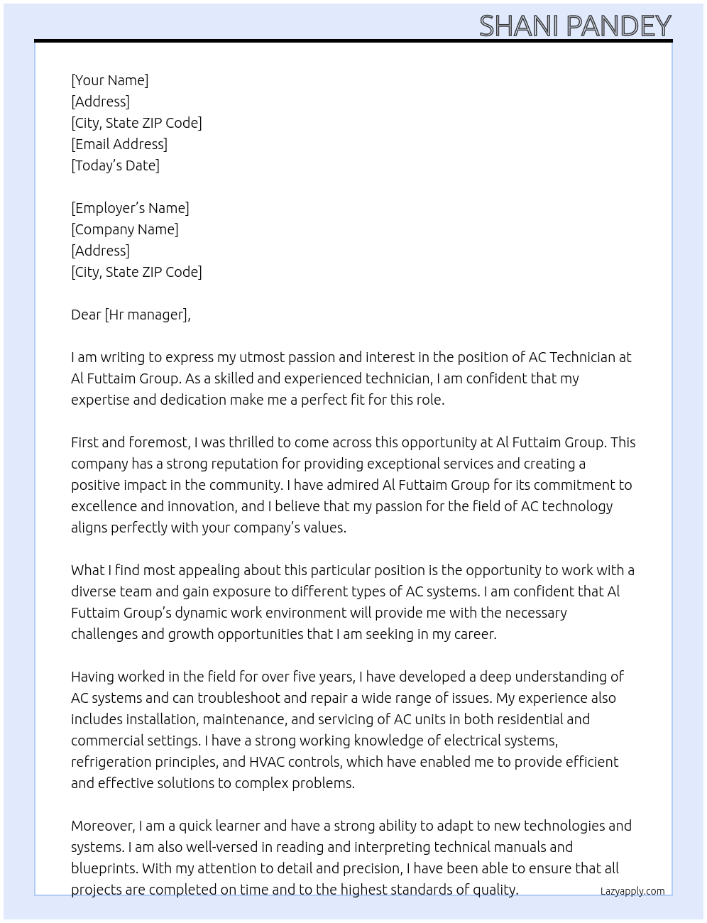 Ac technician At Al futtaim group Cover Letter