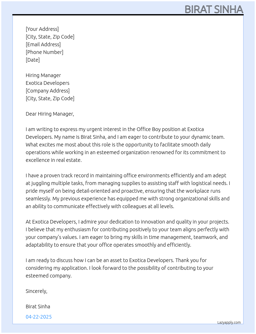 Office boy At Exotica Developers Cover Letter