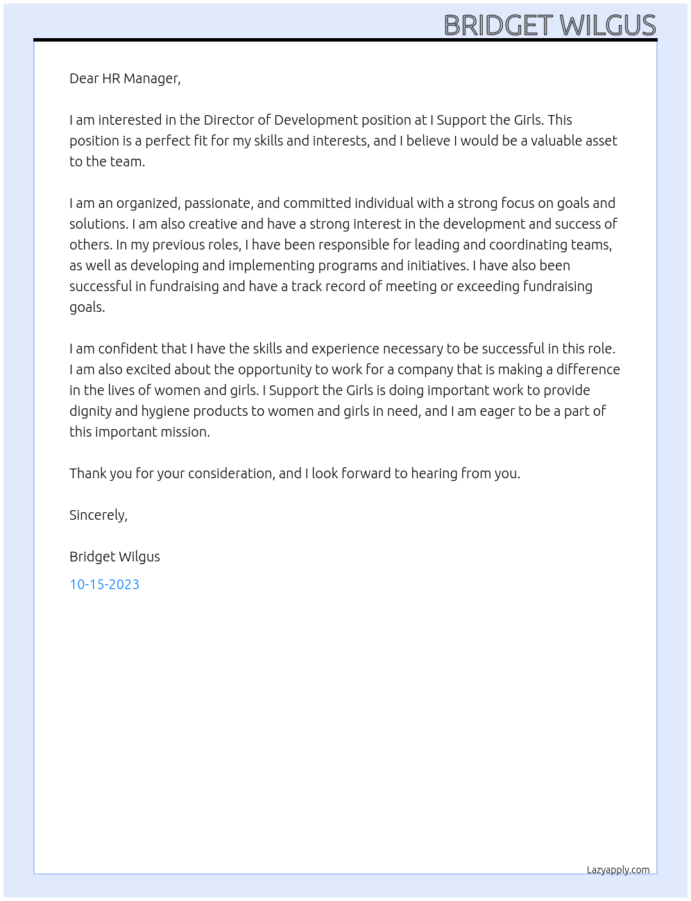 Director of Development  At I Support the Girls Cover Letter