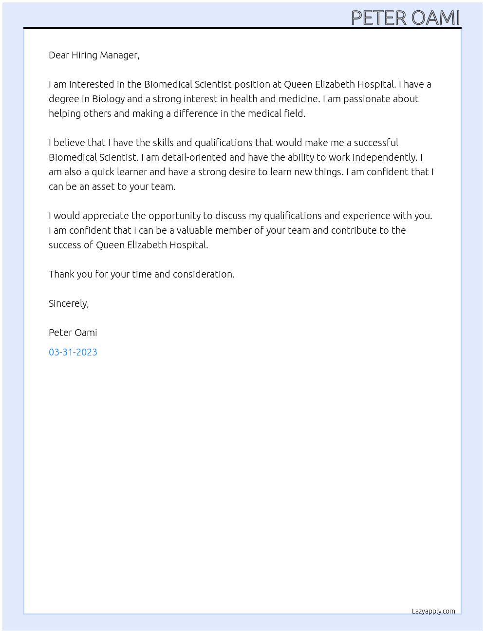 Biomedical Scientist At Queen Elizabeth Hospital  Cover Letter
