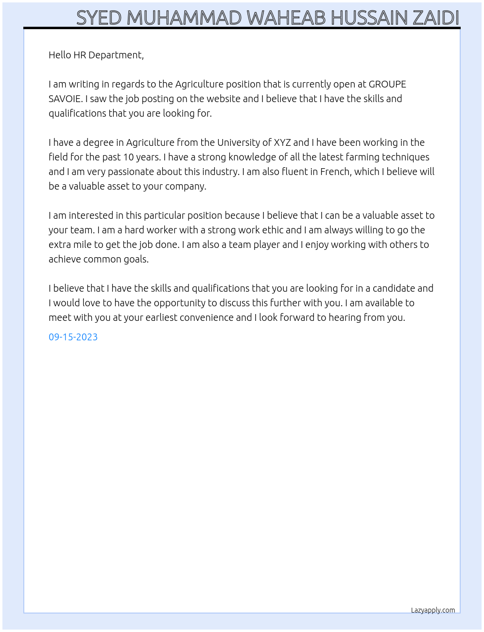 Agriculture At GROUPE SAVOIE Cover Letter