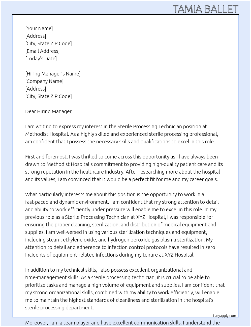 Sterile Processing Technician At Methodist Hospital  Cover Letter