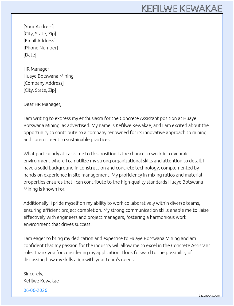Concrete Assistant At Huaye Botswana Mining Cover Letter