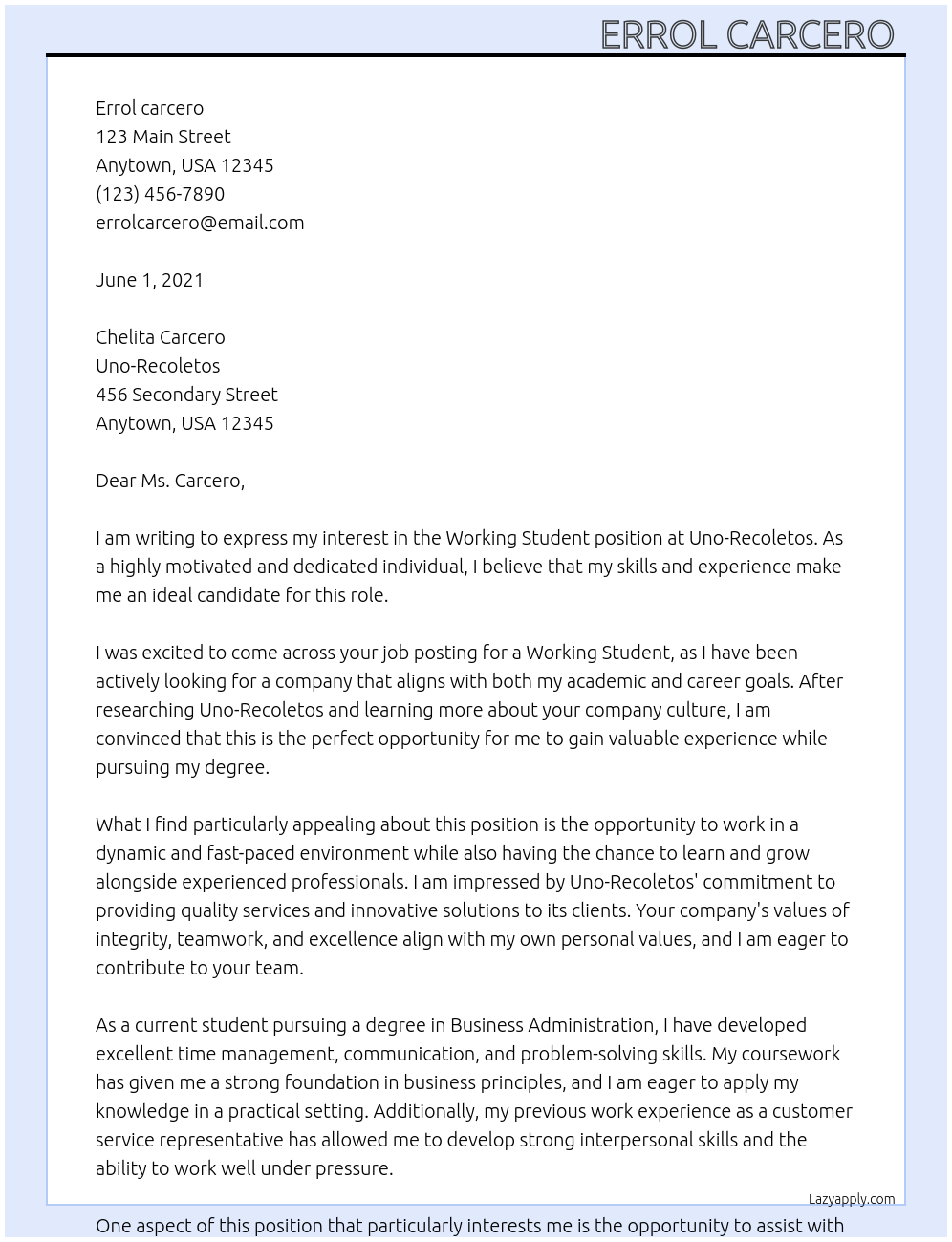 Working Student  At Uno-Recoletos Cover Letter