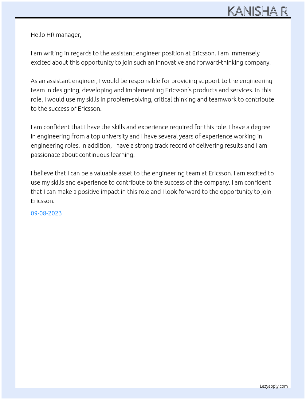 Assistant engineer At Ericsson Cover Letter