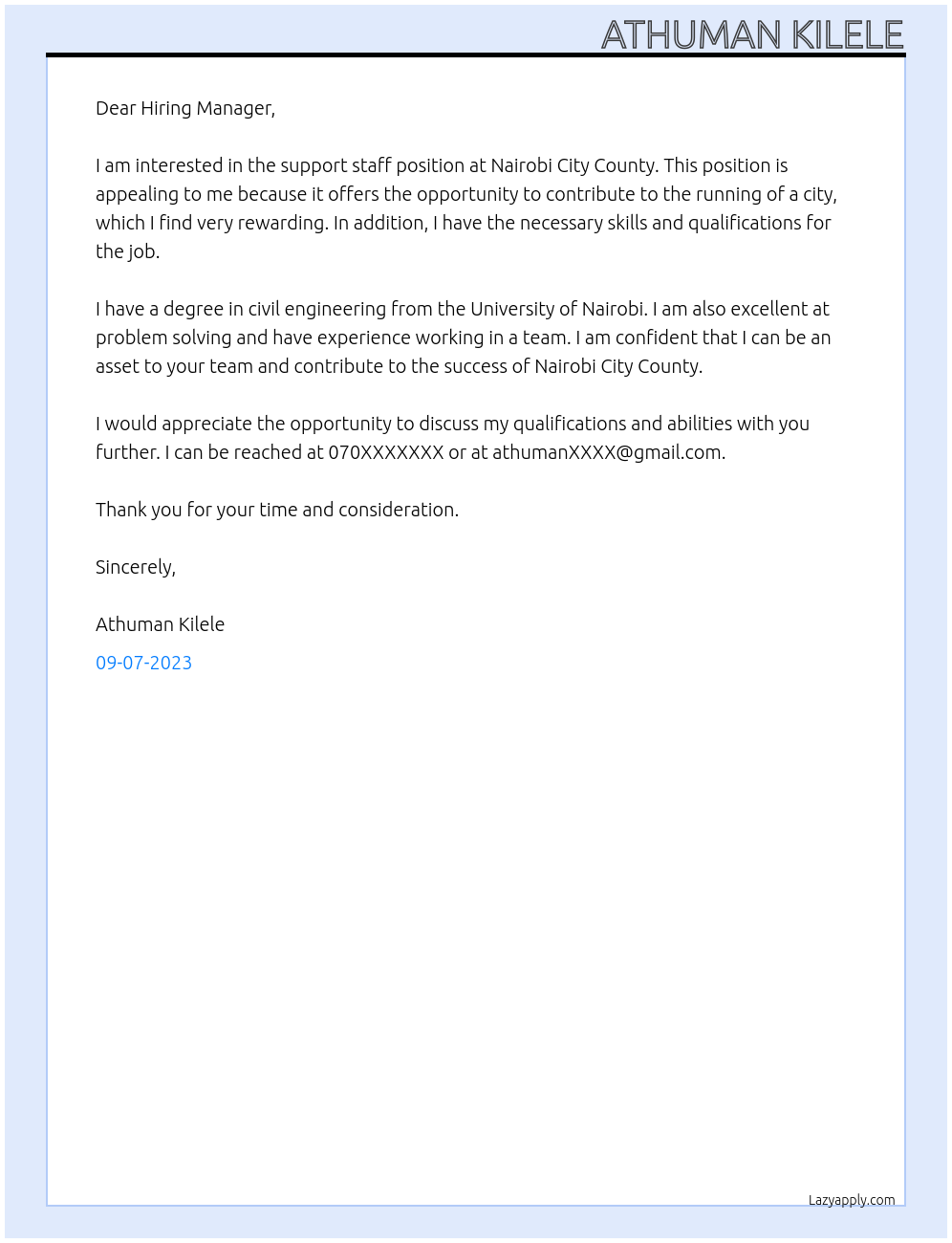 Support staff At Nairobi City County Cover Letter