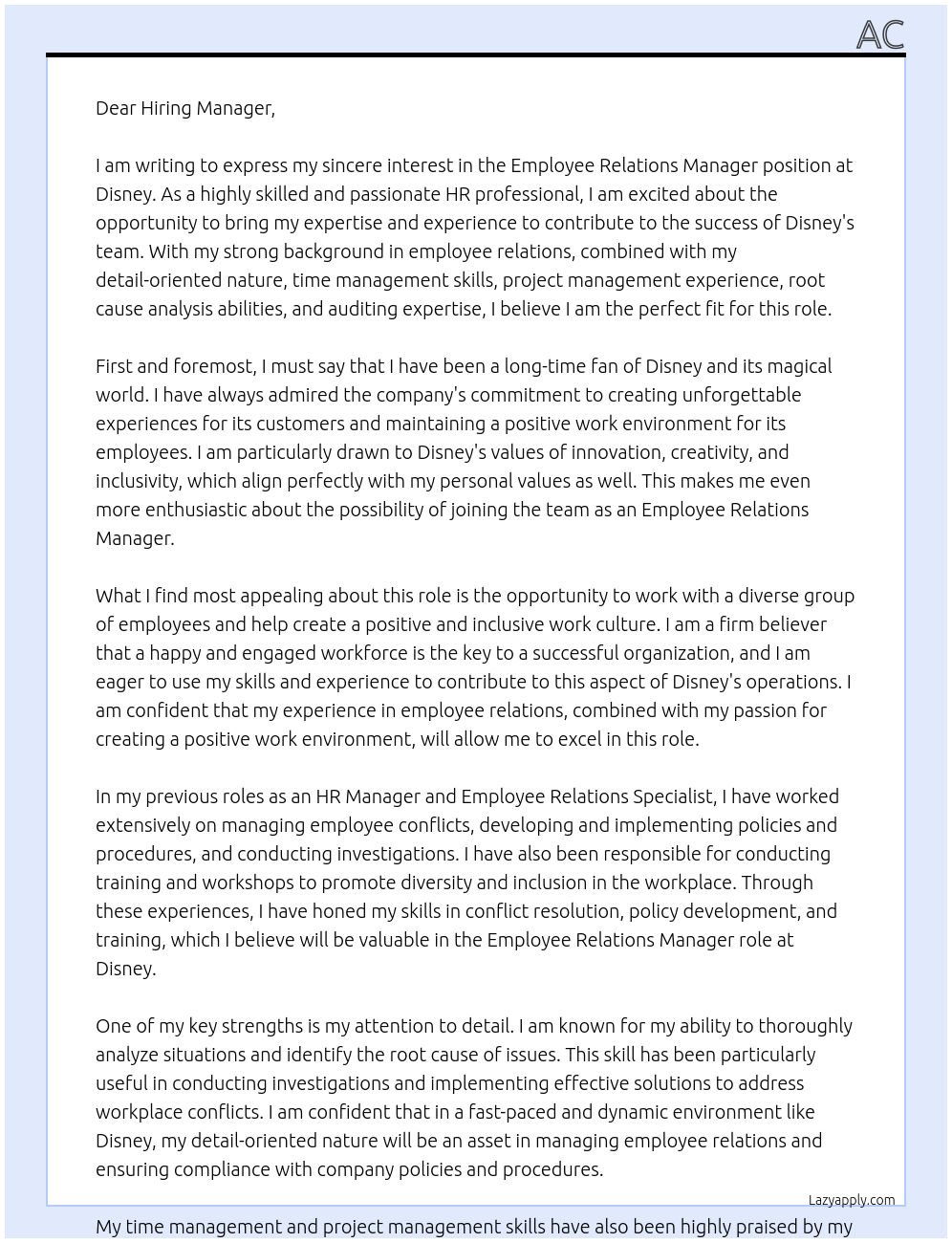 Employee Relations Manager At Disney Cover Letter