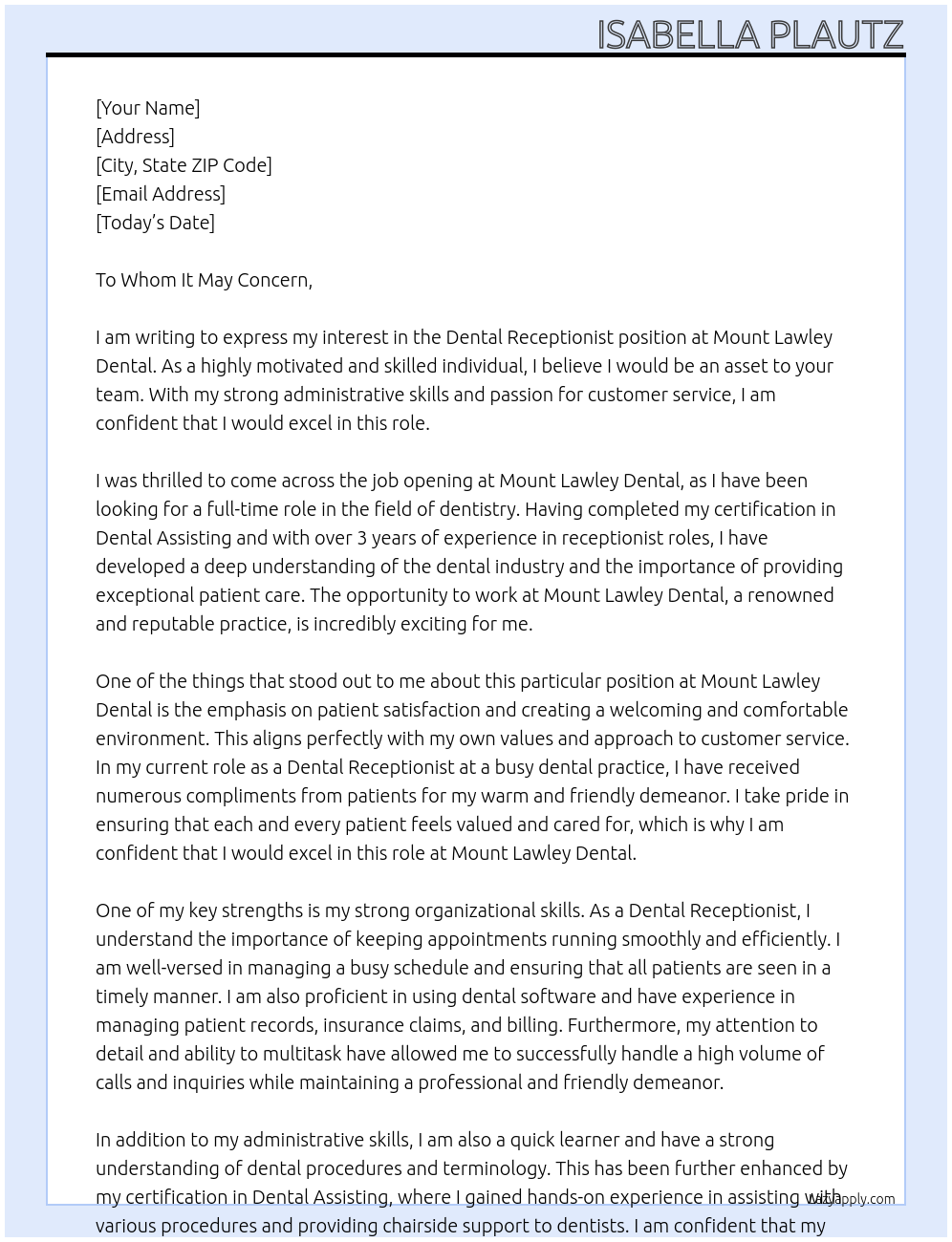 Dental Receptionist At Mount Lawley Dental Cover Letter