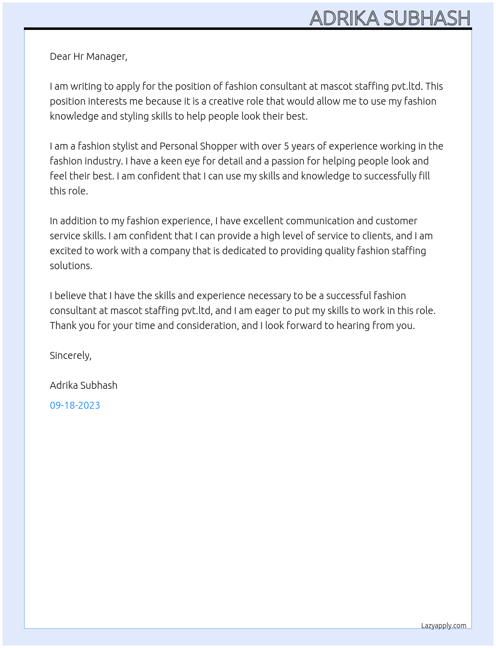 Fashion consultant At mascot staffing pvt.ltd Cover Letter