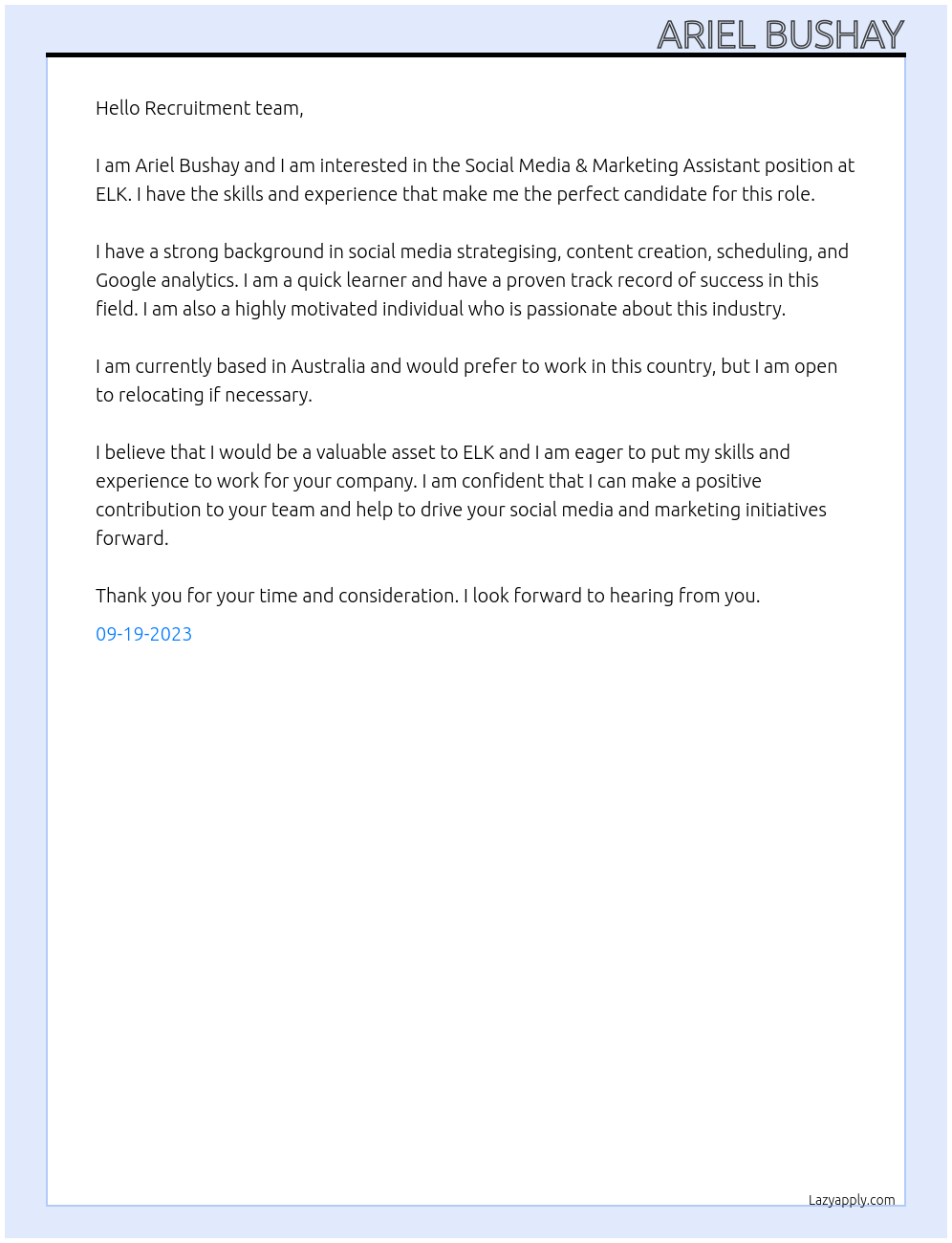 Social Media & Marketing Assistant At ELK Cover Letter