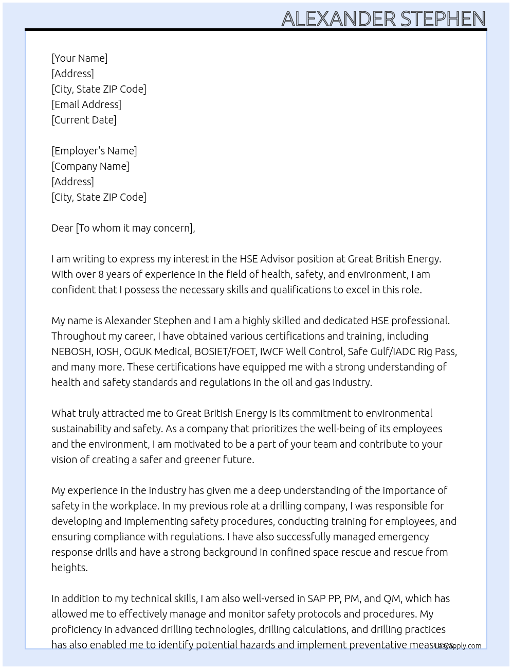 HSE Advisor At Great British Energy  Cover Letter