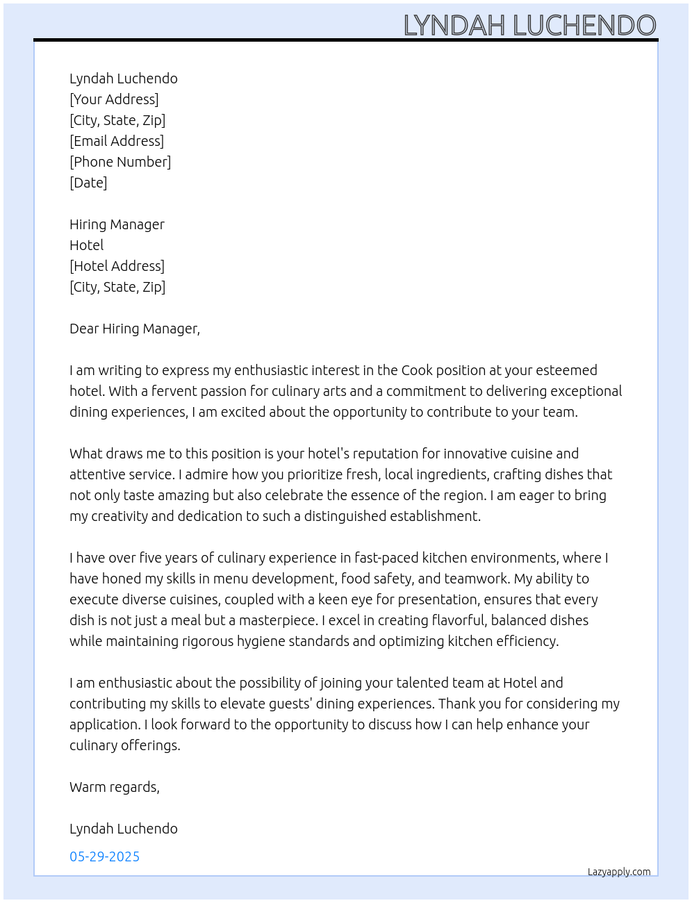 Cook At Hotel Cover Letter