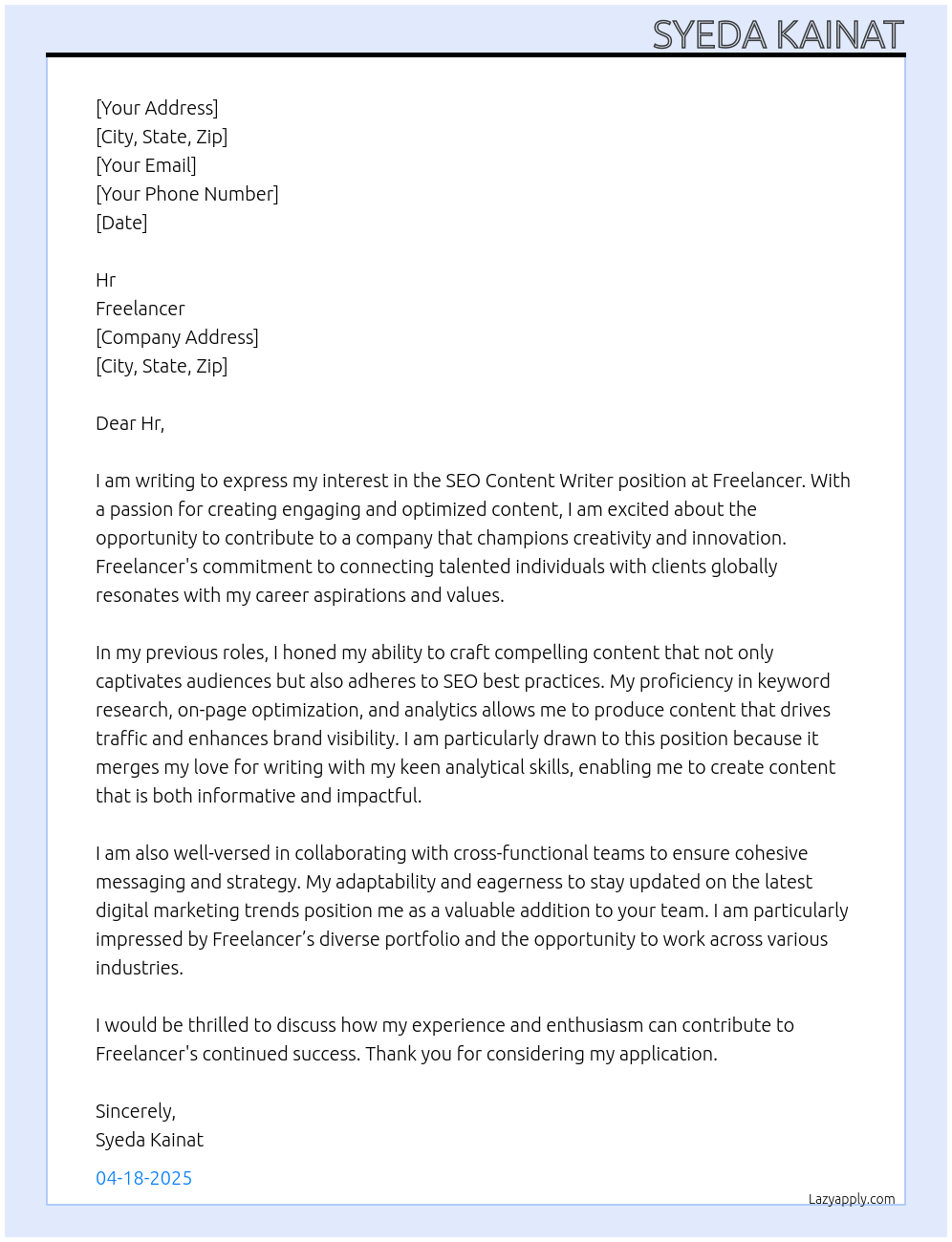 Cover letter for seo content writer - LazyApply