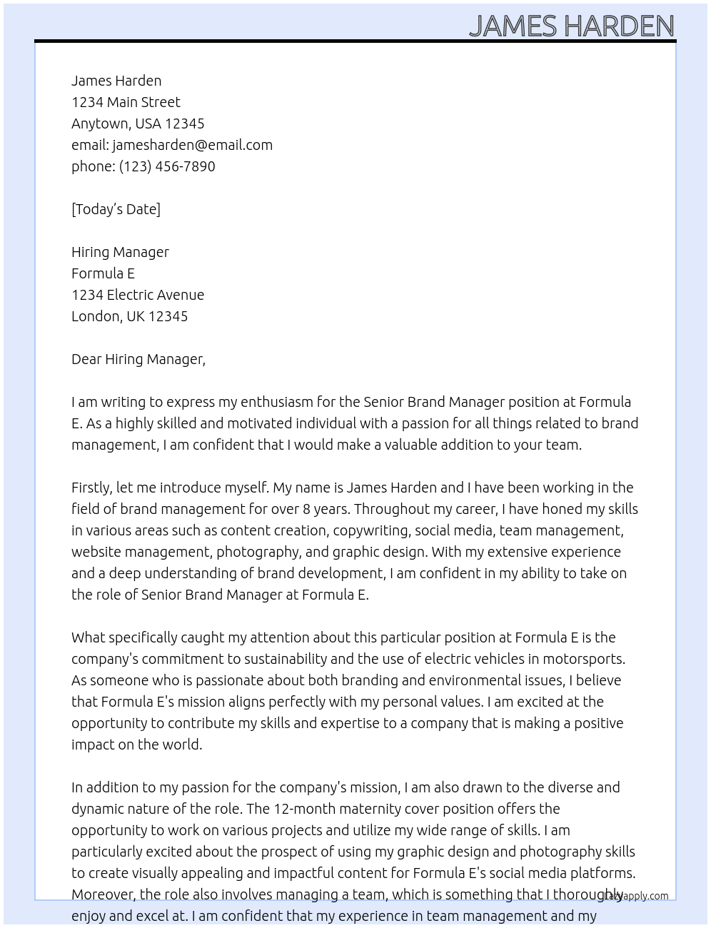 Senior Brand Manager At Formula E Cover Letter