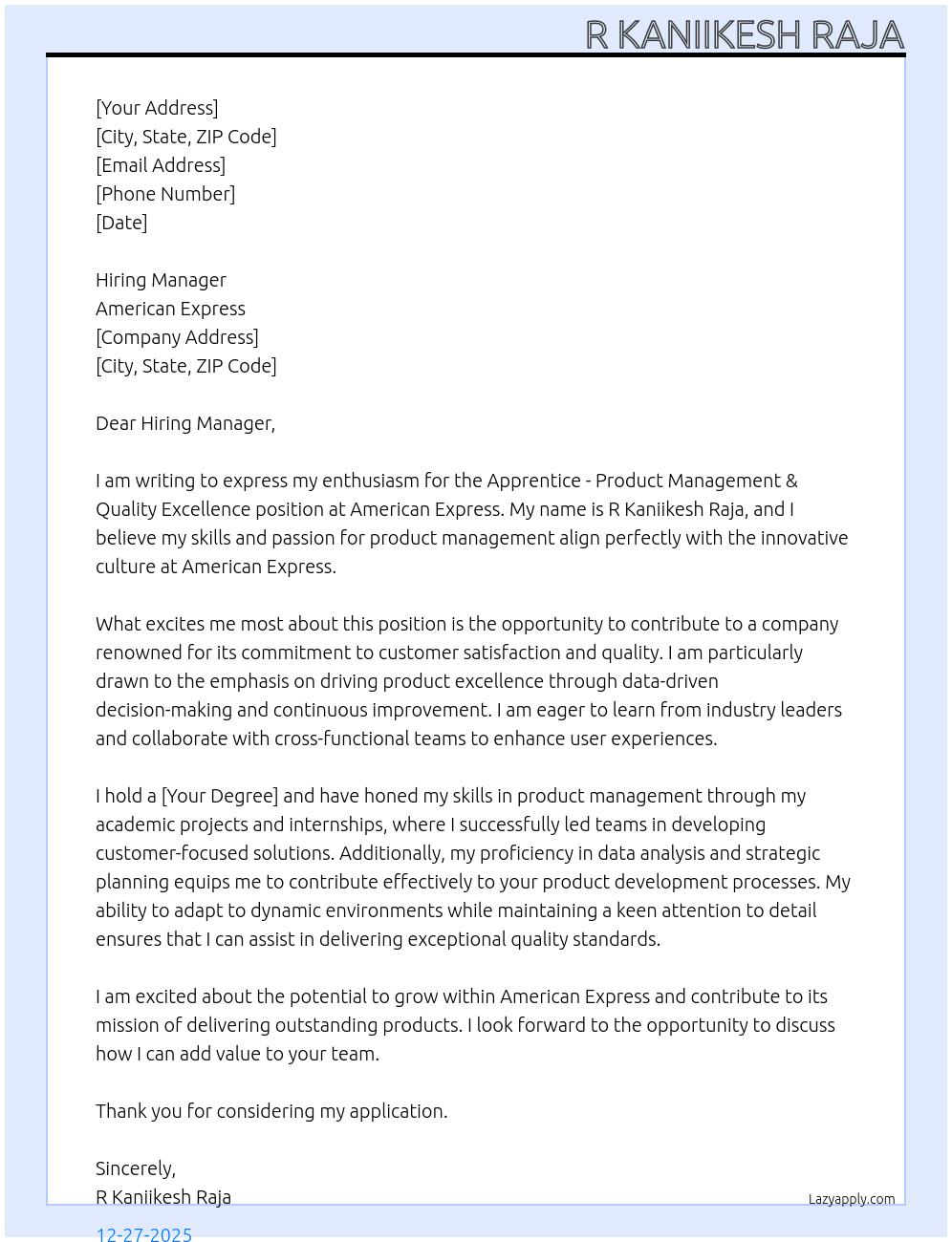 Apprentice - Product Management & Quality Excellence At American Express Cover Letter