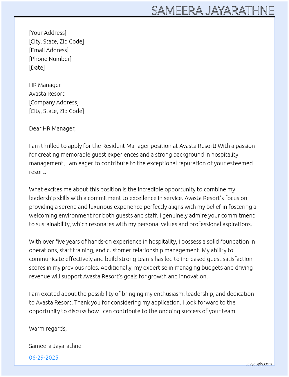 Resident Manager At Avasta Resort Cover Letter