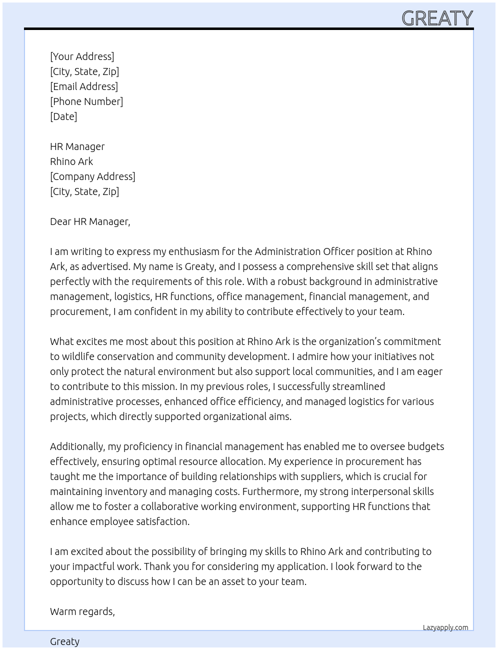 Administration Officer At Rhino Ark Cover Letter