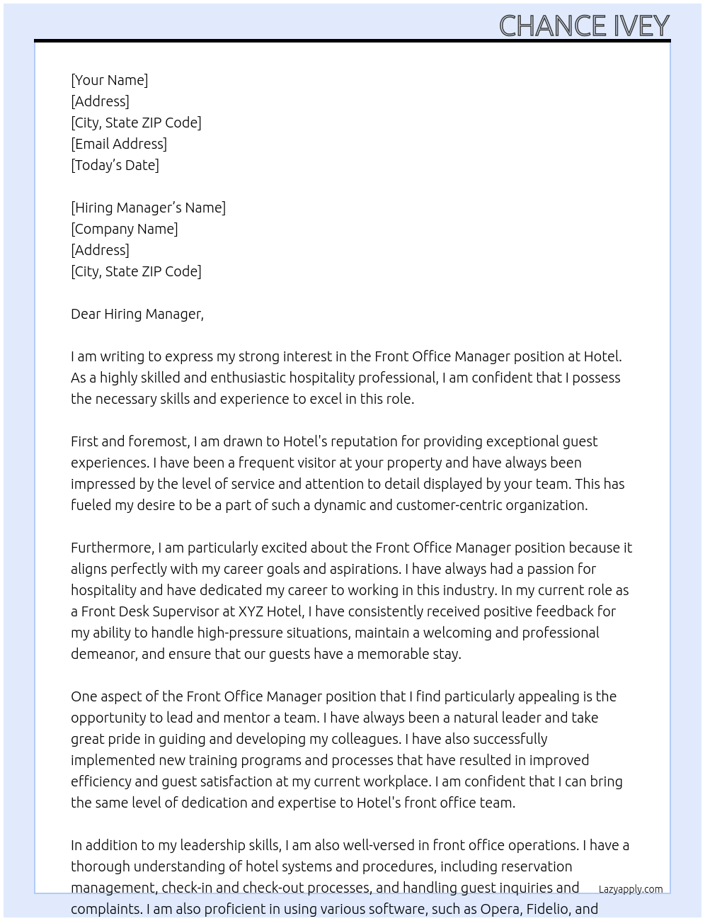 Front Office Manager At Hotel Cover Letter