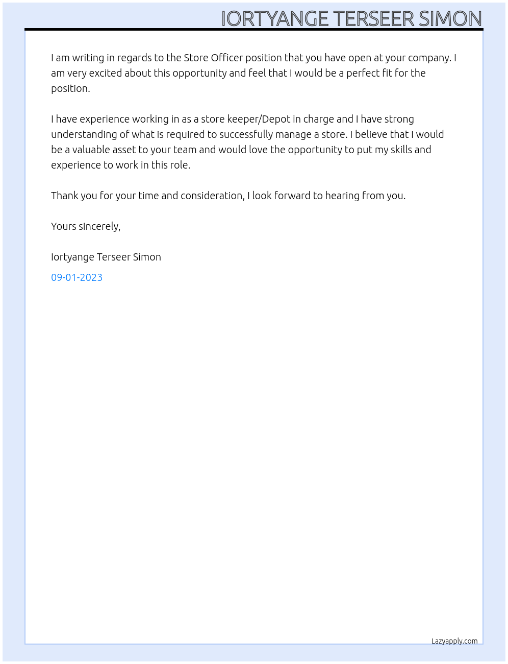 Store Officer At Five star hotel Cover Letter